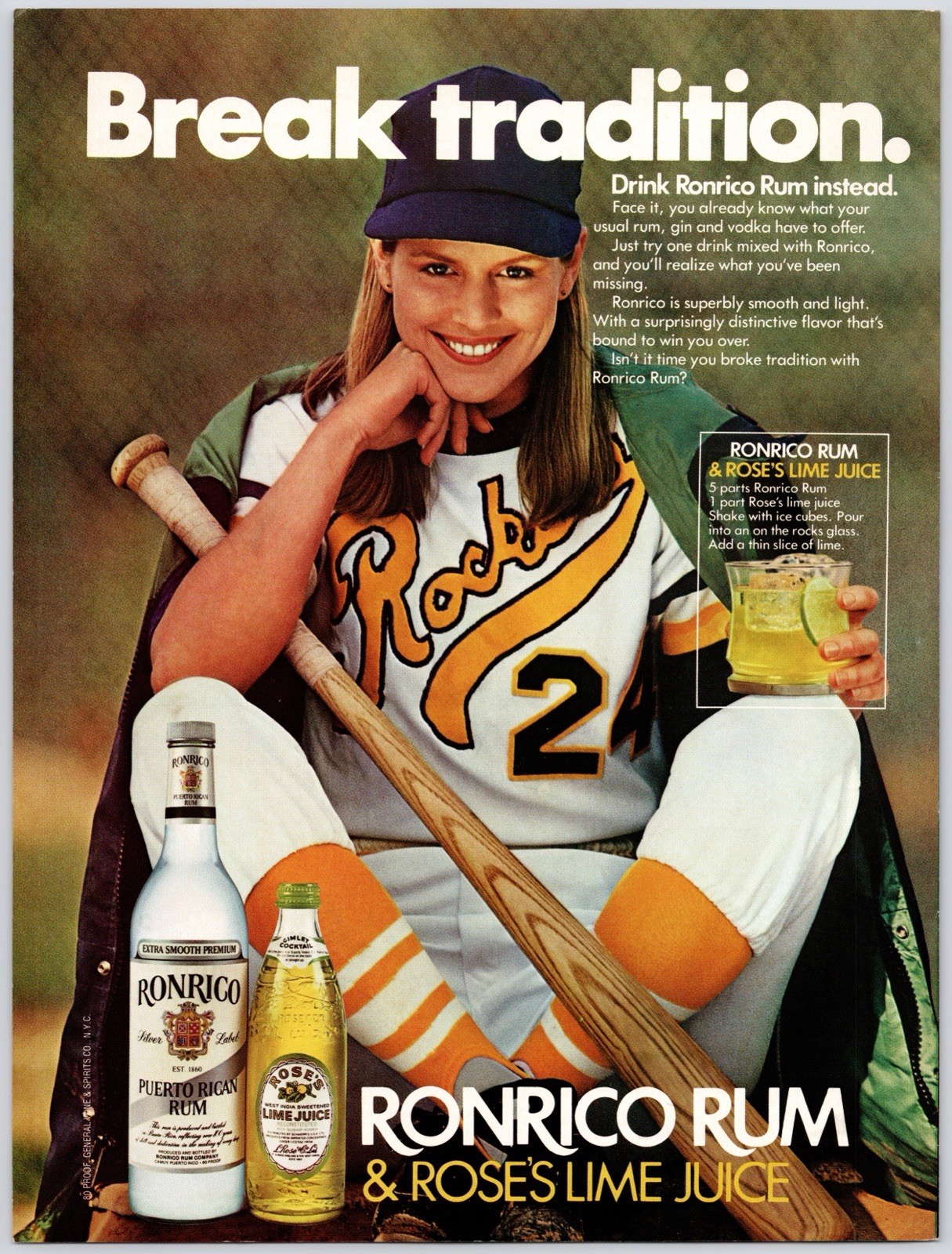 RonRico Puerto Rican Rum Sport Baseball Rose’s Lime Bar Art Vintage Print Ad 80s