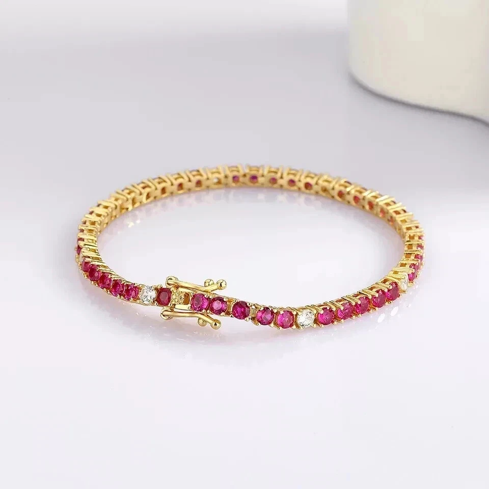 9CT Round Cut Lab Created Pink Ruby Tennis Bracelet 14K Yellow Gold Plated 7.5" - Image 4 of 4