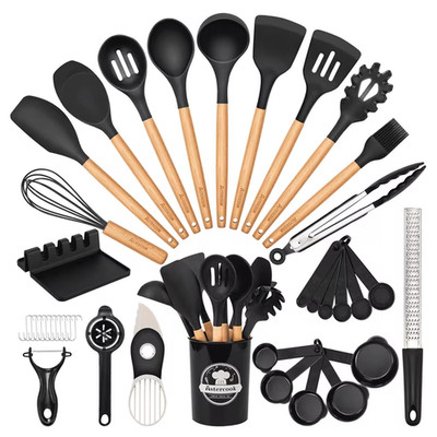 Astercook Silicone Cooking Utensils Set Kitchen Gadgets Tools Wooden Handle