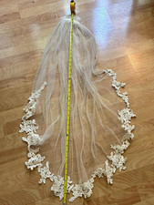 Ivory Cathedral Tulle Wedding Veil with Lace Appliqu  Trim and Comb-Vintage