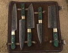 Handmade Damascus Steel Knife Set - 5 Pcs Green Wood Handle Kitchen Knives