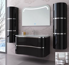 Badmöbel Set Schwarz / Weiss Lackiert Hochglanz Badezimmermöbel 90 cm Lady Bad