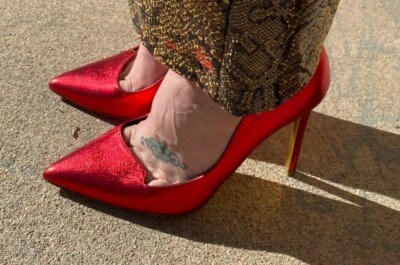 RUPERT SANDERSON $750 Red Metallic Pointy Toe Slip On Pump High