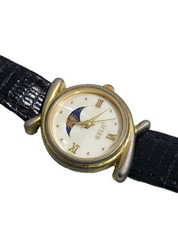 Vintage Relic Moon Phase Watch Women 26mm Gold Tone Black Leather Band UNTESTED - Picture 4 of 6