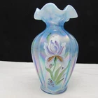 Fenton Mist Blue Satin Irises Hand Painted Aurora Vase 1998 C122
