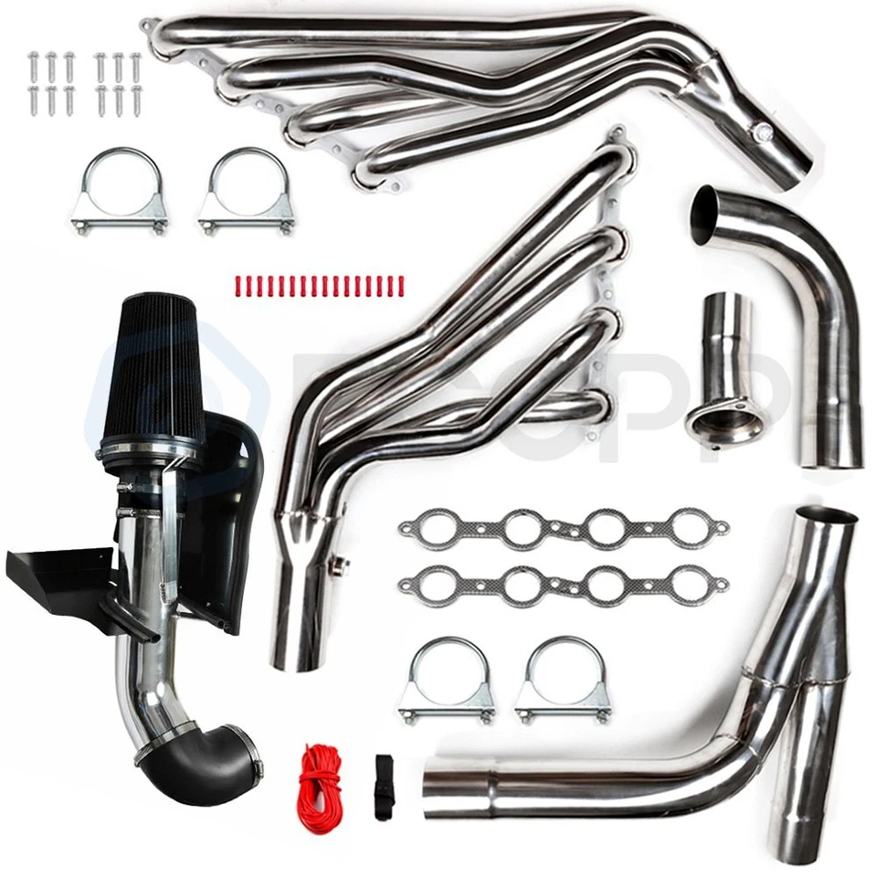 For 99-06 Chevy GMC GMT800 Long Tube Exhaust Headers Kit + 4" Cold Air Intake Foto 4 de 4