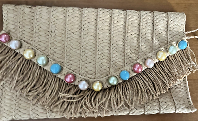 #ad #ad Boho Straw Clutch Purse with Fringe and Multicolor Pearl Beads Summer Bag