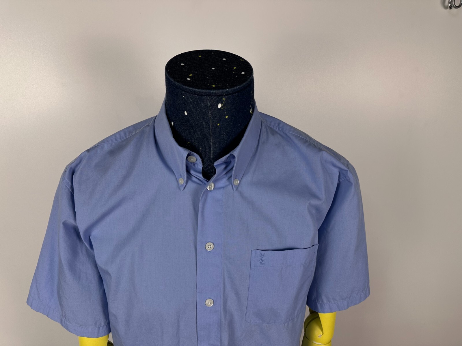 Camicia vintage Yves Saint Laurent YSL con bottoni manica corta blu uomo taglia 16