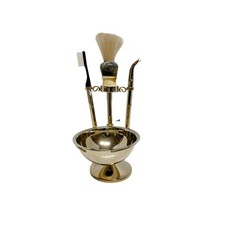 Vintage Brass Shaving Stand Bowl Set With Razor and Brush
