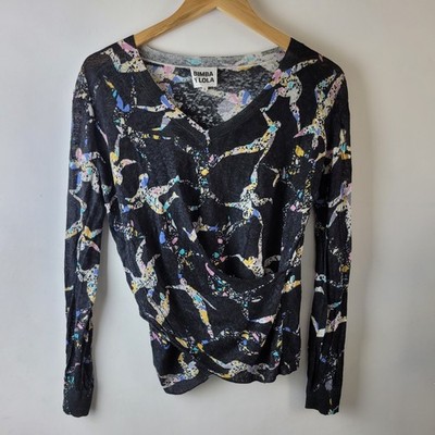 Bimba Y Lola Damen Gr. S schwarz Print Leinen Faux Wickelbluse Freizeit Top Smart