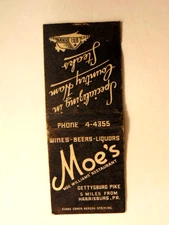 vintage William Moe's Restaurant, near Harrisburg, advertising matchbook cover