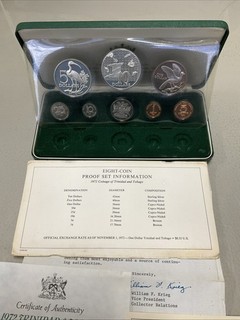 Trinidad Tobago 1972 Decimo Anniversario Proof Set 7 monete in scatola con certificato di autenticità