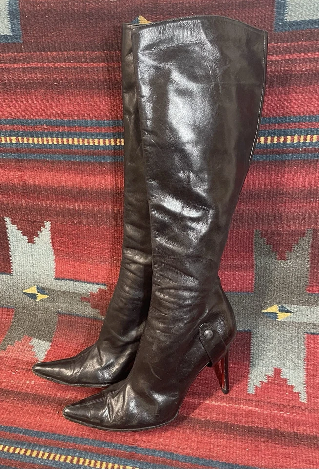 Christian Louboutin Black Leather 4” Stiletto Heel Knee High Boots Sz 37 / US 7 - Image 3 of 4