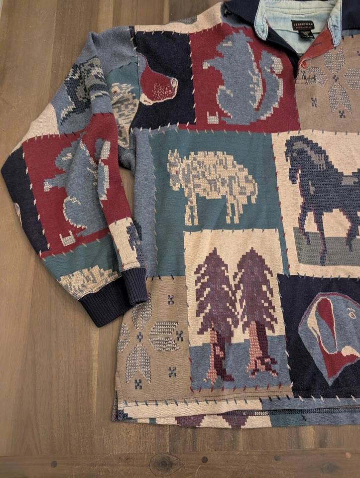 Vintage Structure Sweater Mens Large Multicolor Wildlife Patchwork Knit 90s - Image 2 of 4