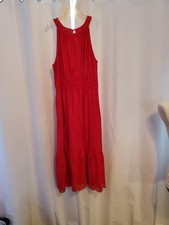 Talbots Womens Red Eyelet Hem Tiered Maxi Dress Cotton 14 Gathered Waist Maxi