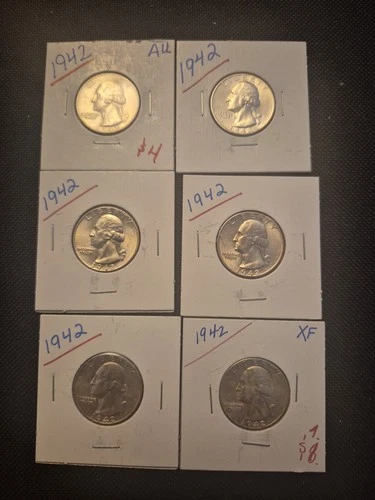 Lot Of 6 XF + 90% Silver Washington Quarters.  1942. Beautiful Coins