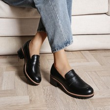 Women Low Chunky Heel Uniform Loafers Slip On Business Penny Loafer Shoes