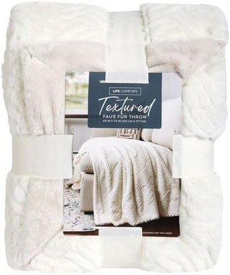 Life Comfort Textured Faux Fur Throw Blanket 60'' x 70''  Cream Ivory Machine Wash