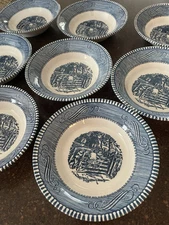 Set Of 8 Currier and Ives "Old Farm Gate" 5.5” Dessert Berry Bowls Blue Transfer