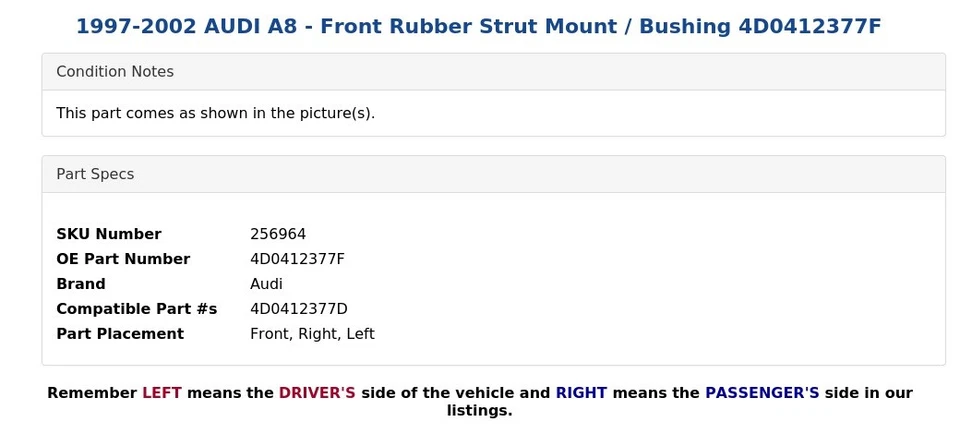 AUDI A8 1997-2002 - Montaje de puntal de goma delantero / Buje 4D0412377F Foto 4 de 4