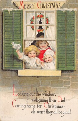 Signed Clapsaddle c. 1910, Merry Christmas, Children Waving from Window, #1015