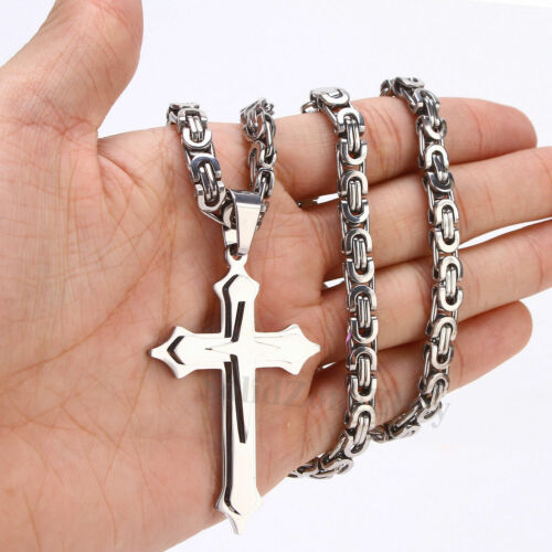 Mens 6mm Stainless Steel Cross Pendant Gold Silver Necklace Byzantine Chain - Picture 13 of 14