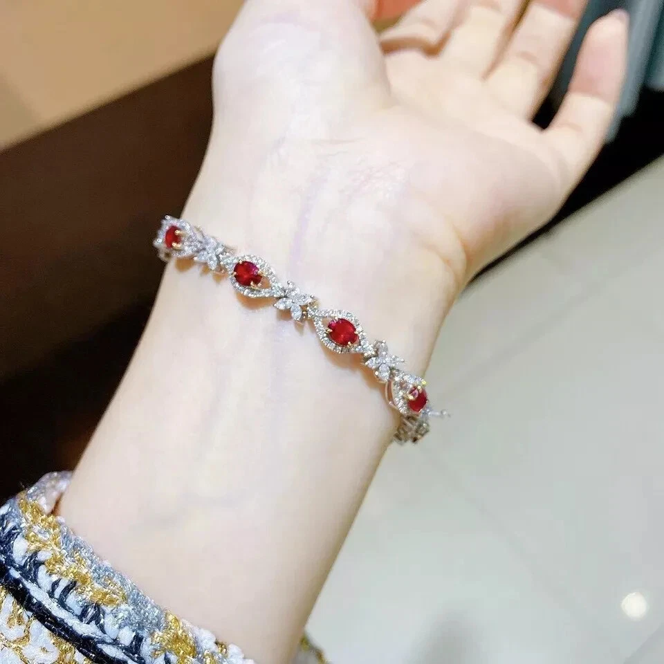 6.89 Ct Oval Cut Natural Red Ruby Diamond Link Tennis Bracelet 18K White Gold - Image 3 of 4