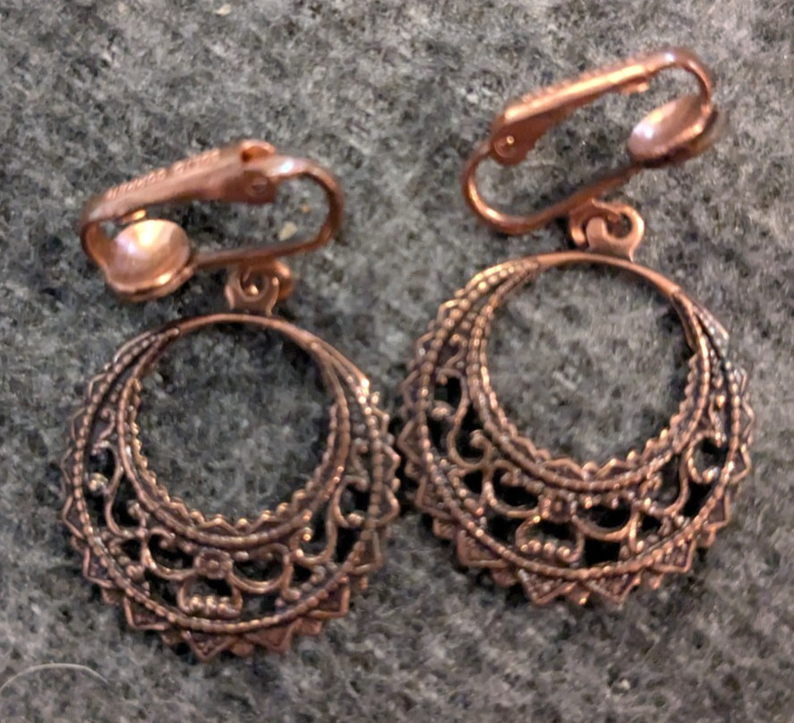 solid Copper Dangle Clip On Earrings Circular Des… - image 1