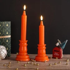 Orange Flameless Taper Candles w Remote, Flickering Fall Thanksgiving Halloween
