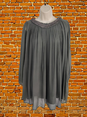 GOLD HAWK GRÖSSE SMALL S GRAU 100 % SEIDE PLISSEE LANGARM KITTEL SWING MINIKLEID