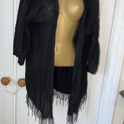 Boho Cool Ladies Black Kimono Shawl Jacket Tassels Cool Fabric Size 8-10