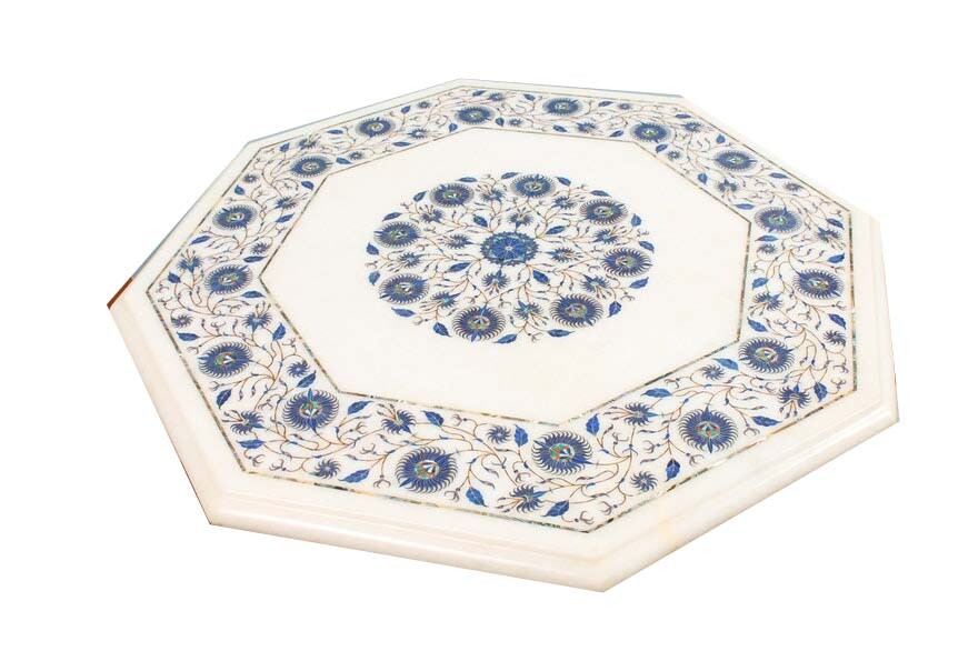 18-inch Marble Coffee Table with Lapis Inlay Semi-Precious Stone Fine Decor