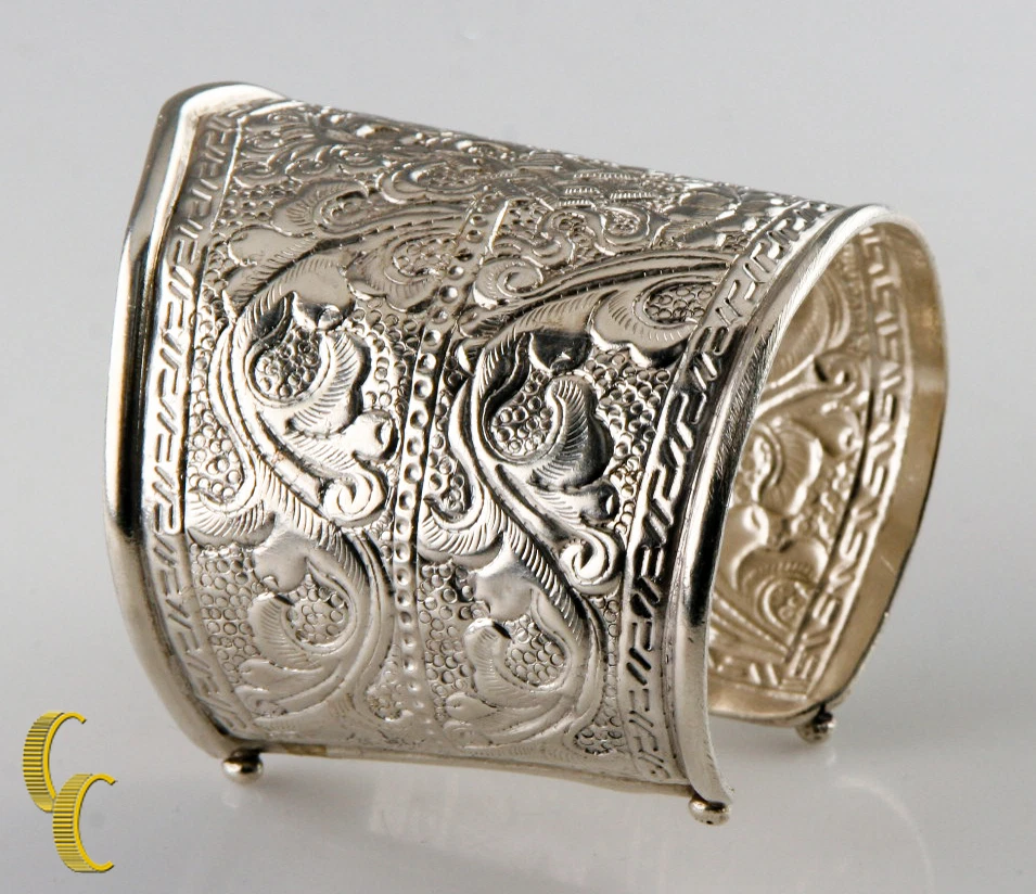 Sterling Silver .925 Extra Wide Cuff Bracelet Vine Pattern Gift