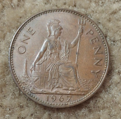 1967 Queen Elizabeth II DEI GRATIA REGINA F D GREAT BRITAIN ONE PENNY COIN
