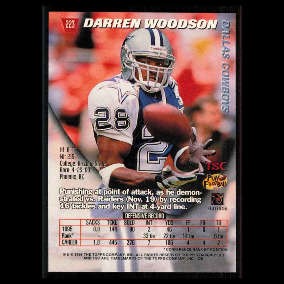 Darren Woodson #223 1996 Topps Stadium Club Dallas Cowboys Football Card NFL NM - Image 2 of 3