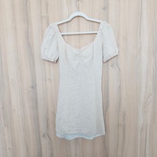 Cottagecore Linen Blend Mini Dress S Beige Tie Back Milkmaid Minimalist Romantic