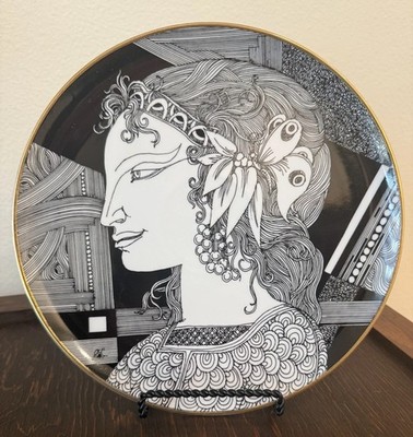 Endre Szasz Hallohaza Vintage Porcelain 9.5'' Black White 24k Wall Plate Hungary