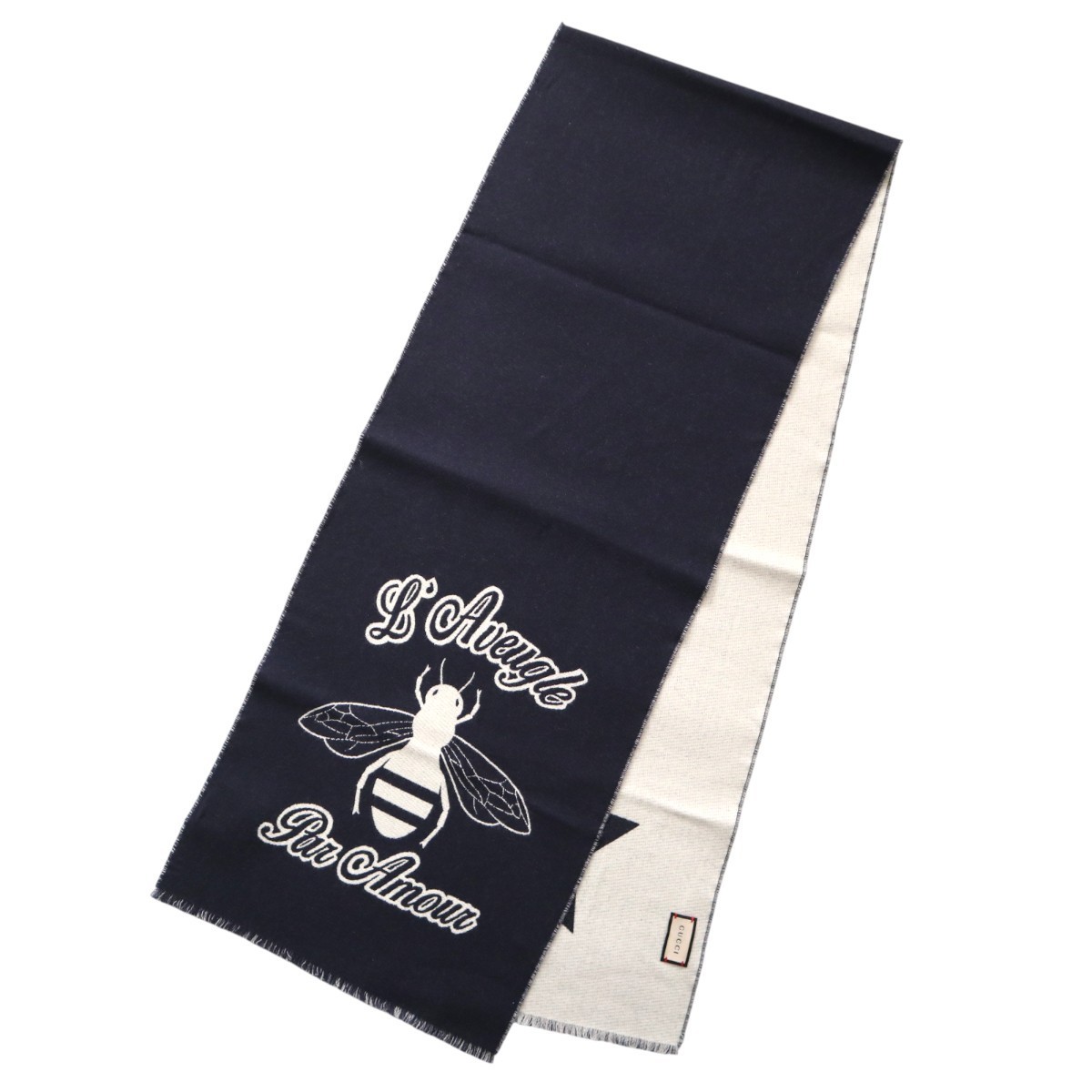 Excellent condition GUCCI Bee & Star Fringe Wool Scarf 21AW Navy