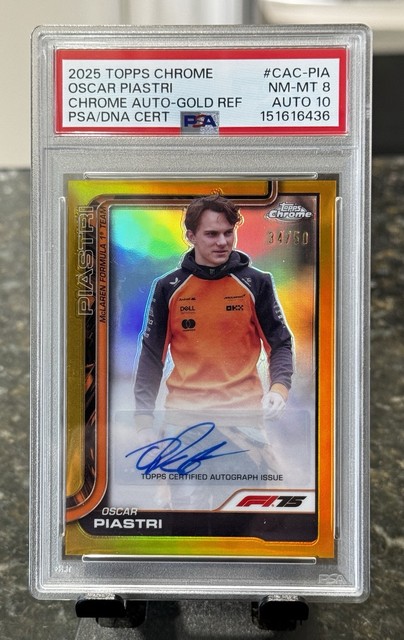 2025 Topps Chrome F1 Oscar Piastri Gold Refractor Auto /50 PSA 8 Auto 10 McLaren