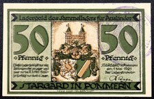 STARGARD 1921 w/XX-RARE STAMP! 50 Pfennig German Notgeld today Poland