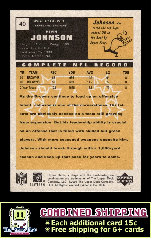 2001 Upper Deck Vintage #40 Kevin Johnson Cleveland Browns - Image 2 of 2