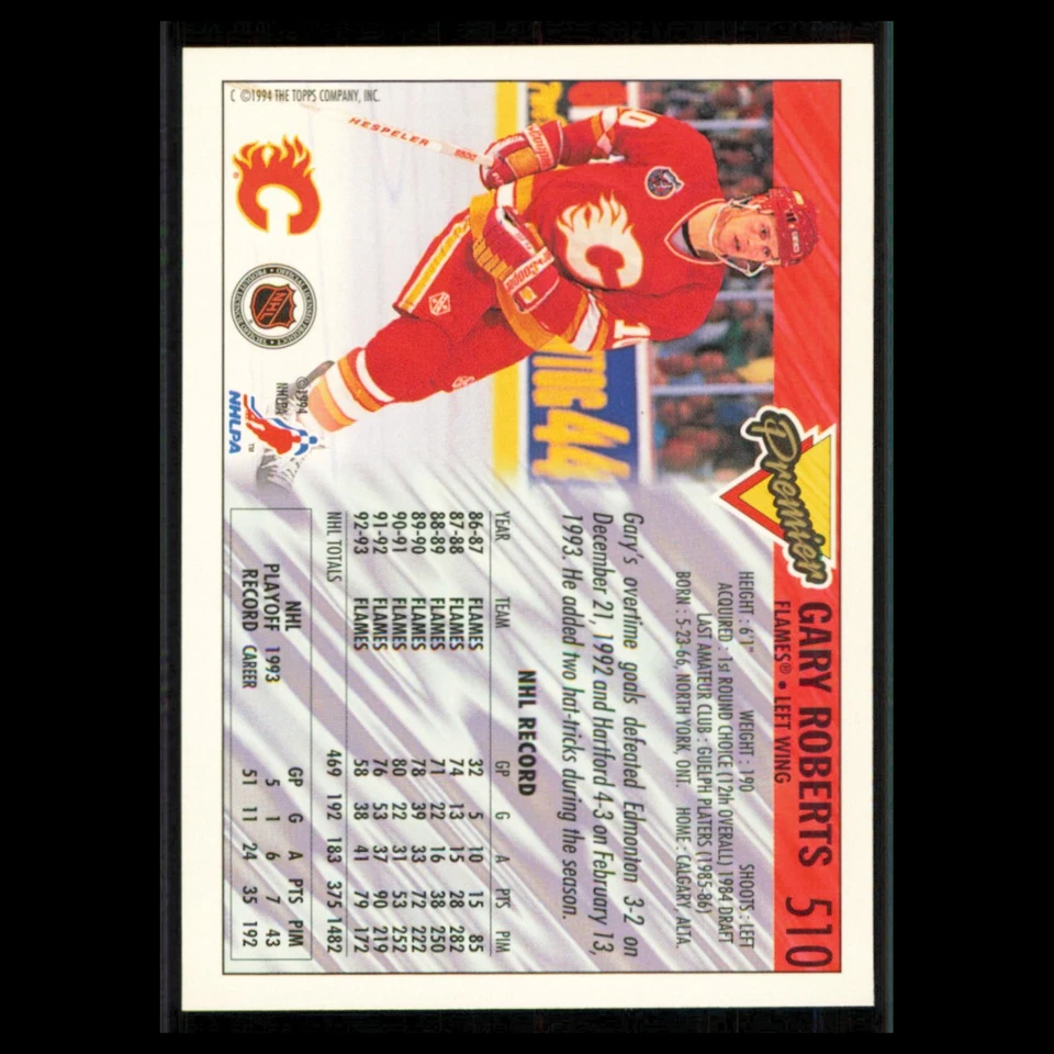 Gary Roberts #510 1993 Topps Premier Calgary Flames Hockey Card NHL NM - Image 2 of 3