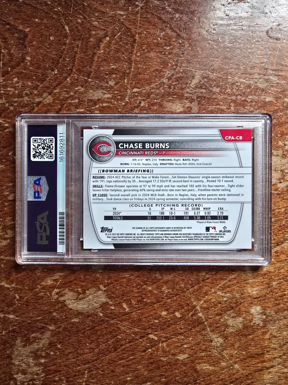 Chase Burns/ Auto/ PSA/ 2025/ Bowman Chrome Prospect/ Orange Reptilian/ 10 of 25 view 3