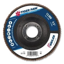 Tiger Paw&trade; TY29 Coated Abrasive Flap Disc, 4-1/2 in dia, 40 Grit, 7/8 Arbor,
