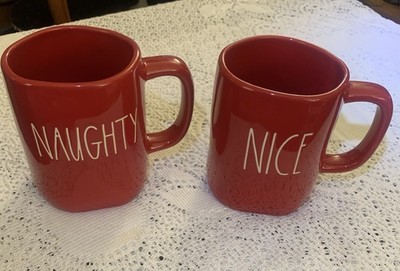 Lot Of 2 Rae Dunn by Magenta Red   NAUGHTY & NICE Coffee Tea Mugs 