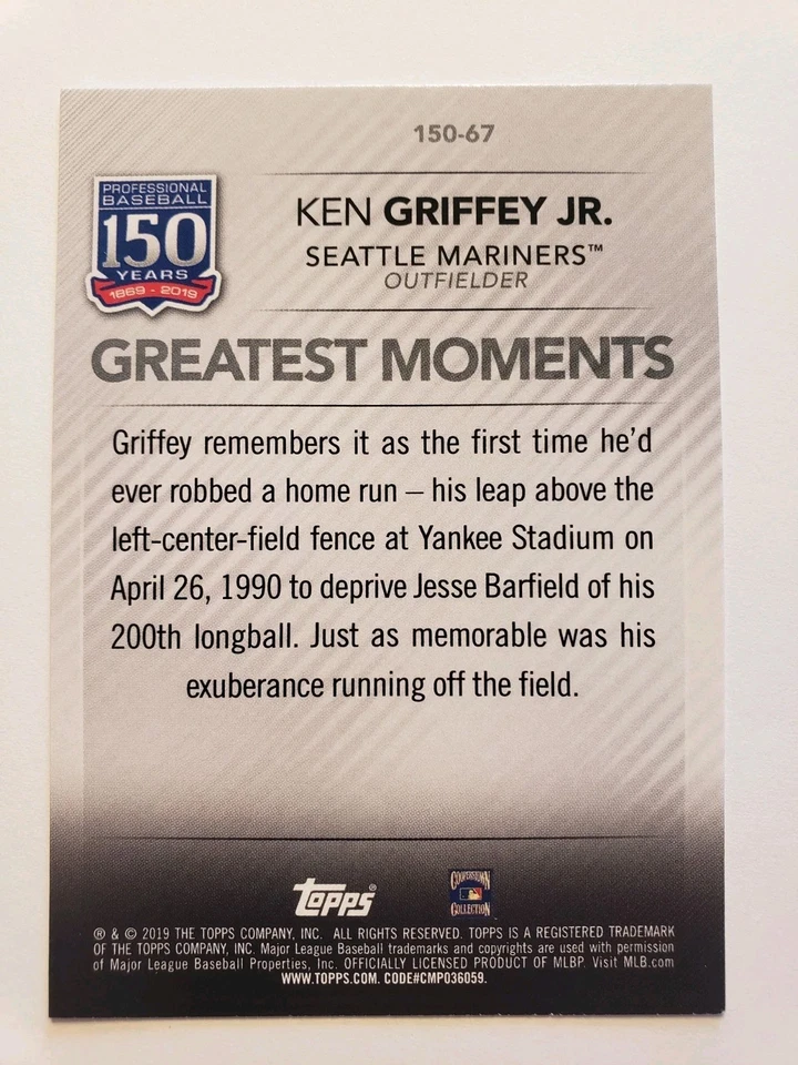 Ken Griffey Jr 2019 Topps Update 150 Years Of Baseball #150-67 - Image 2 of 2