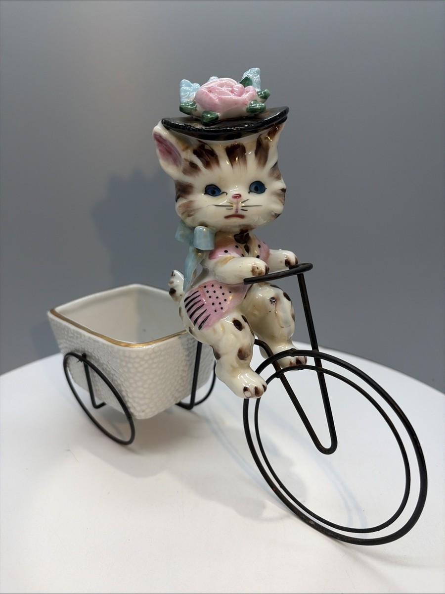 VNTG Lefton Kitty Cat On Wire Bicycle Bike with Basket-ceramic