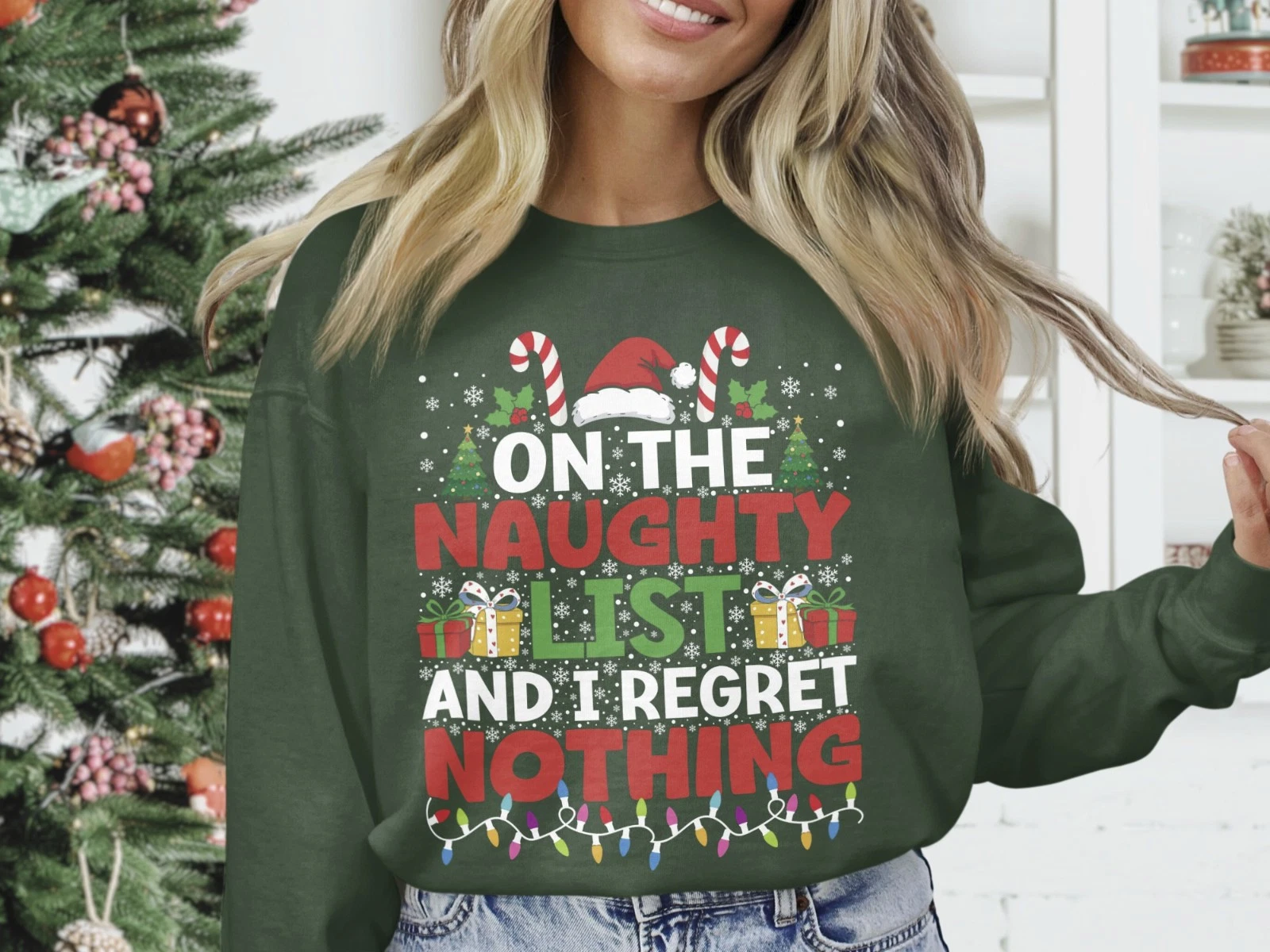 Naughty List Christmas Sweatshirt No Regrets Funny Gildan Heavy Blend
