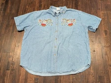 Bobbie Brooks Shirt Womens XL Denim Blue Embroidered Cute Cottagecore Granny