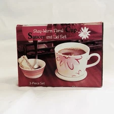 Stay-Warm White Floral Cup Saucer and Lid Set